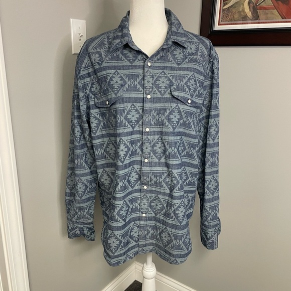 Lucky Brand Shirt Mens PEARL SNAP Large Saturday Stretch Button‎ Denim Aztec L - Picture 1 of 9